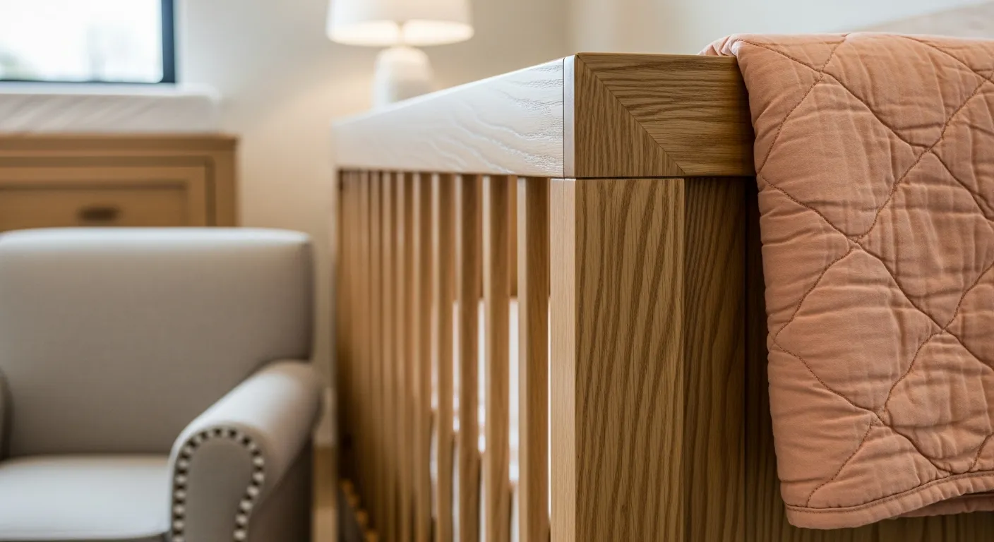 Soft peach farmhouse nursery furniture featuring a rustic wooden crib and creamy textiles