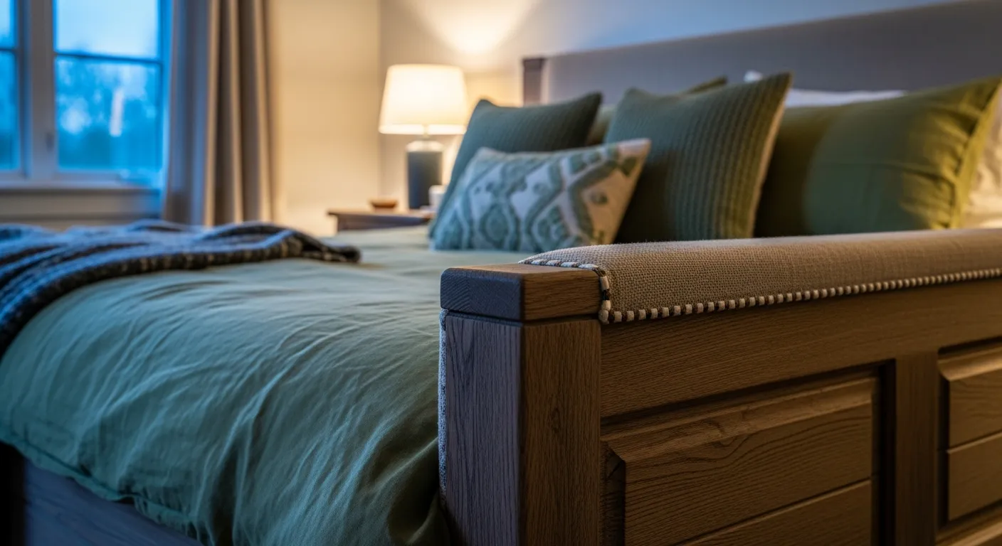 Essential furniture pieces for farmhouse bedroom ideas including a reclaimed wood bed and crisp white linens.