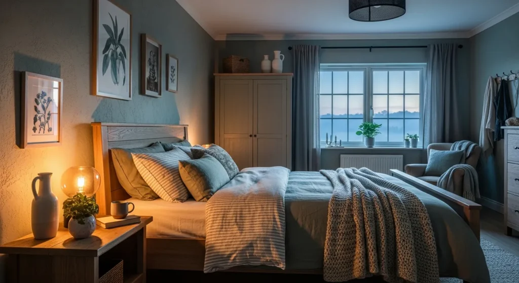 Cozy farmhouse bedroom featuring soothing sage green walls, rustic wood furniture, and crisp linens.