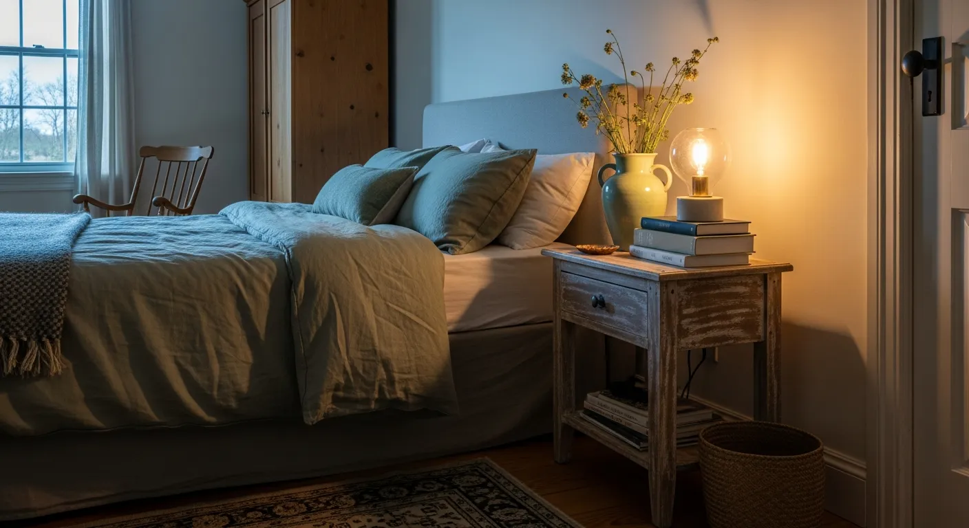Beautiful color combinations for a farmhouse bedroom featuring sage green, warm woods, and soft creamy white textiles.