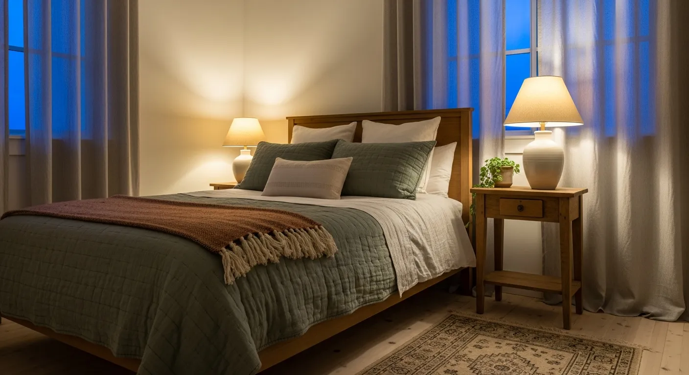 Budget-friendly styling tips for farmhouse bedroom ideas showcasing cozy woven blankets and sage green decor.