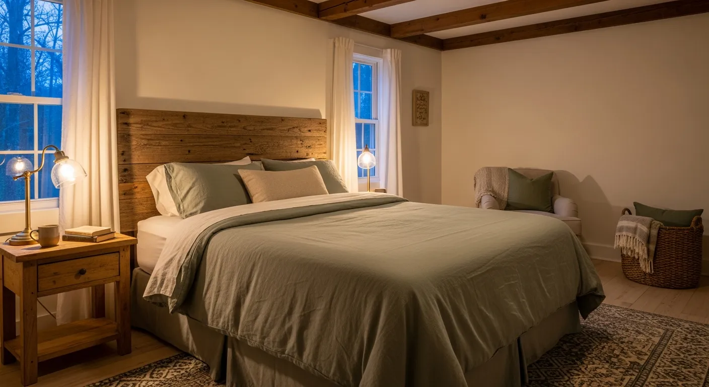 Step-by-step guide to designing a cozy sage green farmhouse bedroom with natural wooden textures.
