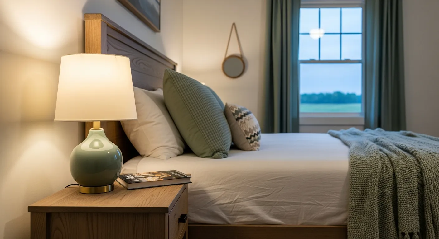 A stunning sage green accent wall complements rustic wood details in this cozy farmhouse retreat.