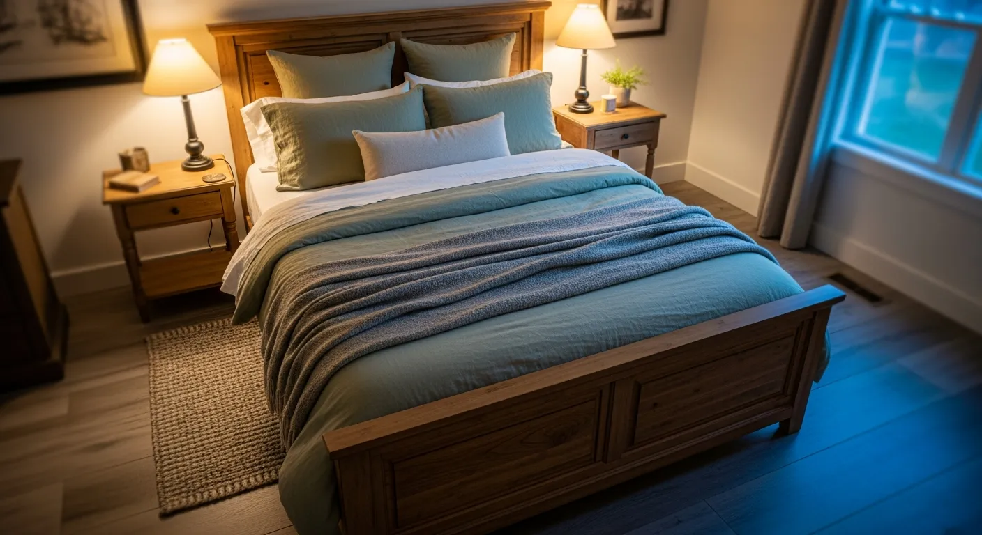 Final styling details in a restful farmhouse bedroom showcasing the perfect blend of sage green and natural wood.