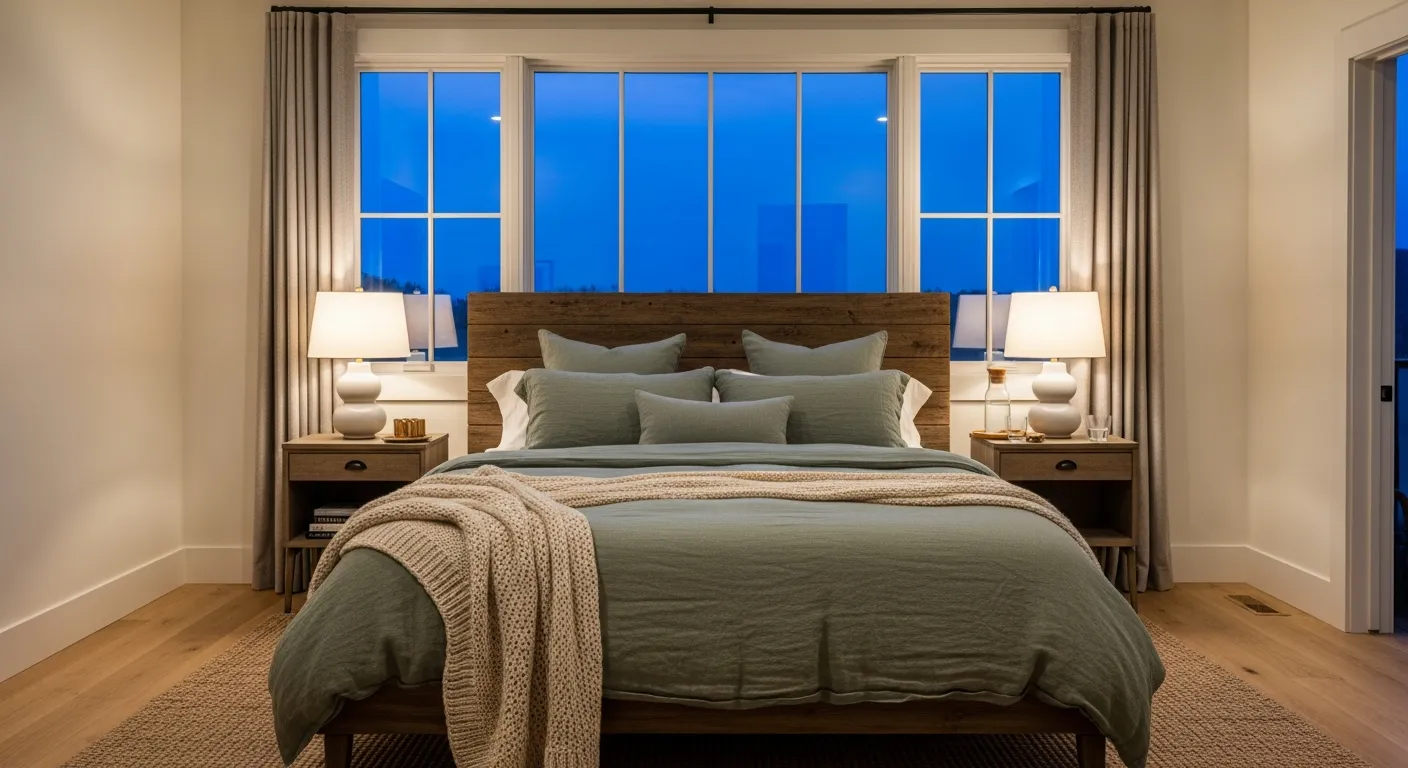 A welcoming sleep sanctuary featuring soft sage green walls, layered bedding, and farmhouse styling.