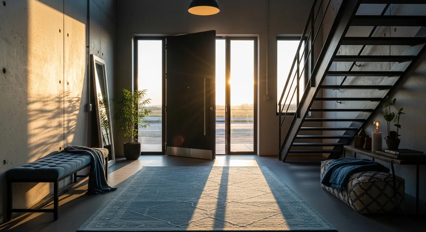 Rustic wooden console table and metal industrial entryway decor against a soothing dusty blue wall