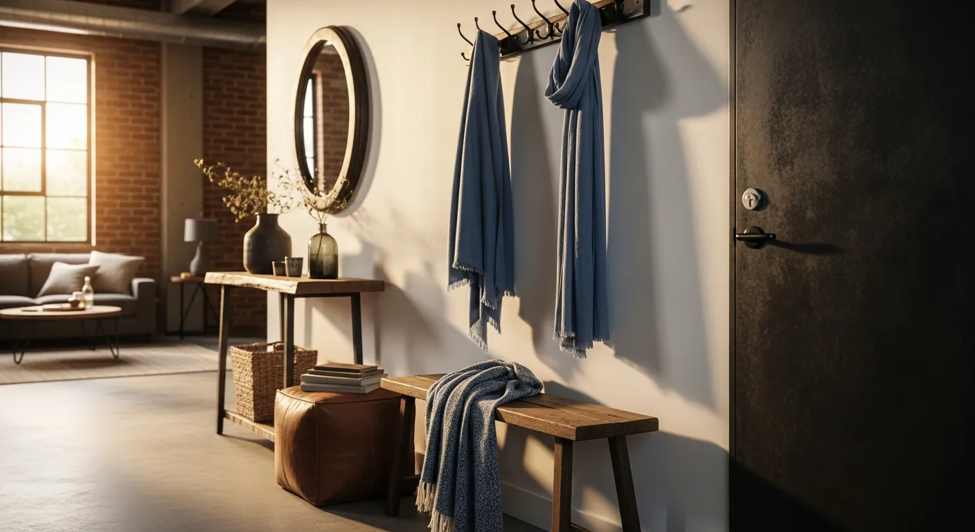 Welcoming industrial entryway featuring dusty blue paint, raw metal fixtures, and a reclaimed wooden bench