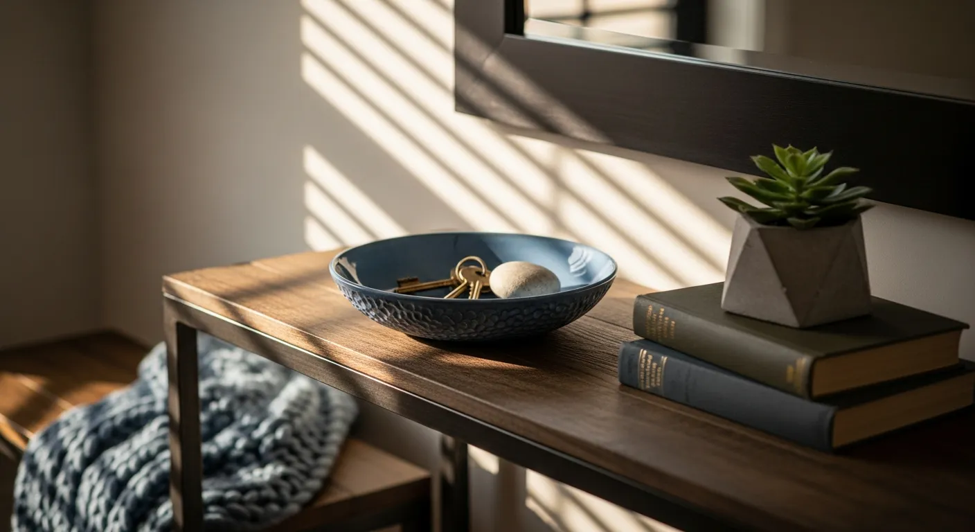 Matte black metal accents and wood finishes complementing a dusty blue wall in an entryway