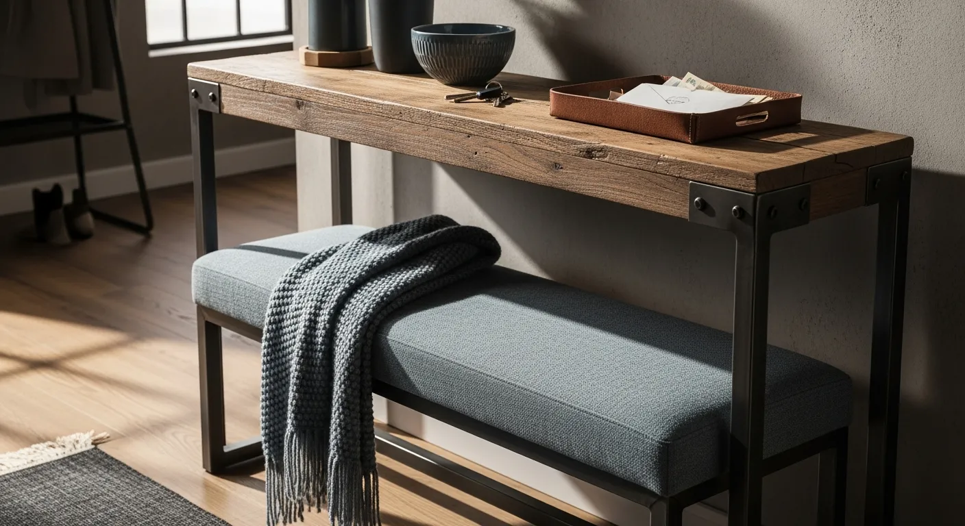 Reclaimed wood console table and raw metal accents showcasing modern industrial entryway decor