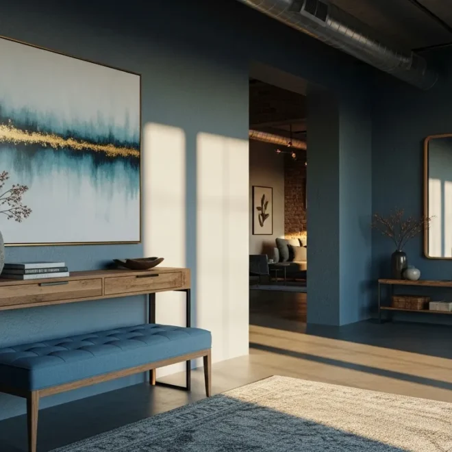 Dusty blue walls paired with raw metal and distressed wood in an industrial entryway.