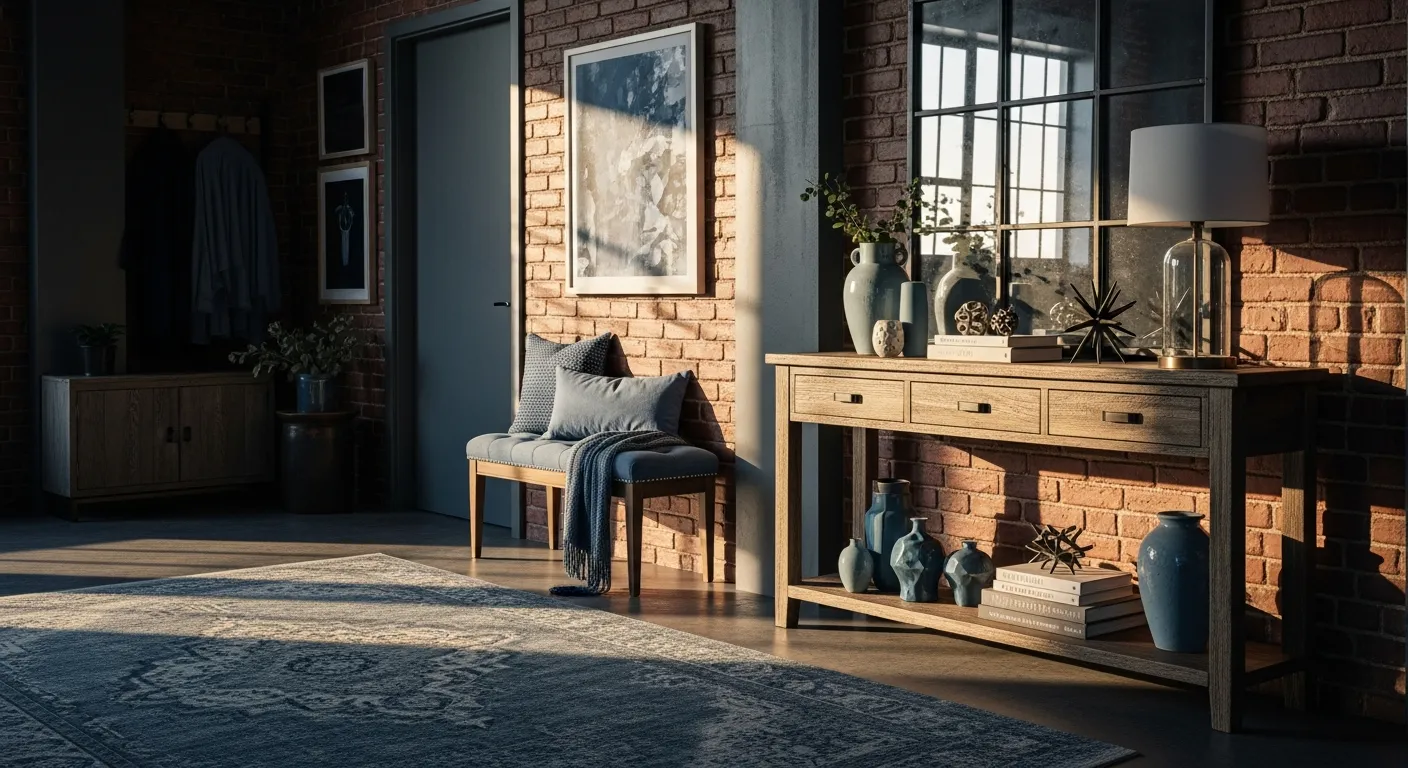 Industrial entryway color palette featuring a dusty blue wall, dark metal console table, and vintage decor