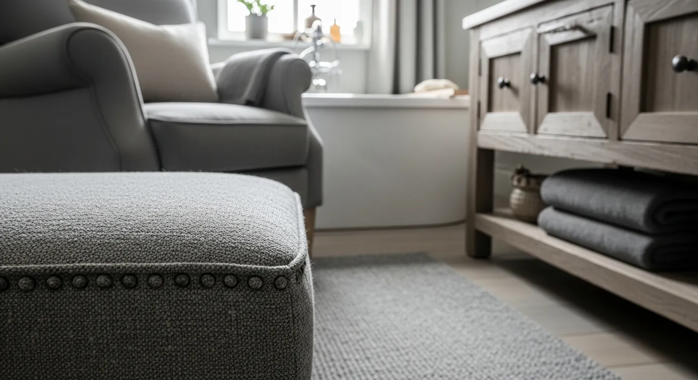 Beautifully styled gray farmhouse bathroom decor featuring weathered wood accents, a rustic vanity, and vintage hardware