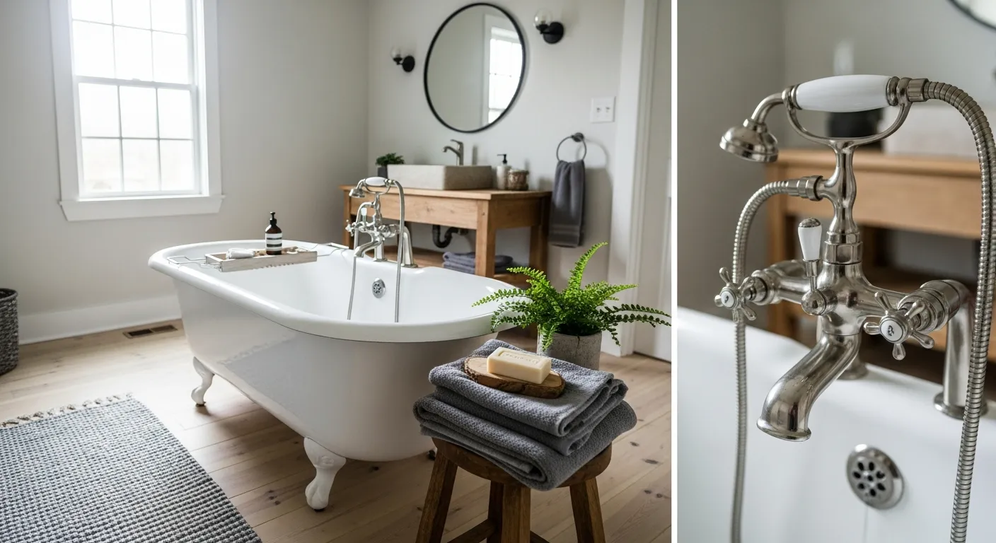 Detailed gray farmhouse bathroom design showcasing a rustic wood vanity, a vintage-inspired mirror, and cozy gray paint