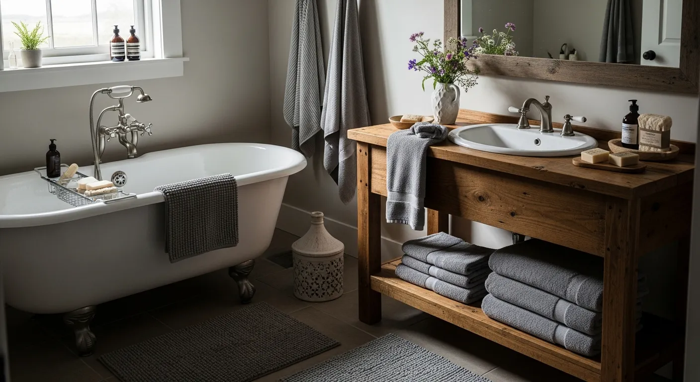 Serene gray farmhouse bathroom oasis featuring a rustic wood vanity base, vintage bath fixtures, and cozy shiplap walls