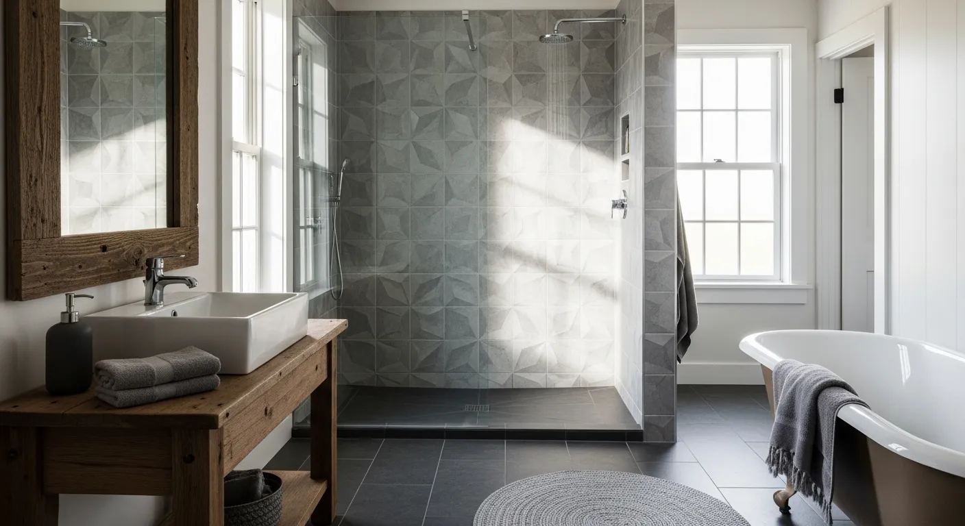 Gray farmhouse bathroom oasis showcasing rustic wood floating shelves, vintage metal lighting, and relaxing gray wall paint
