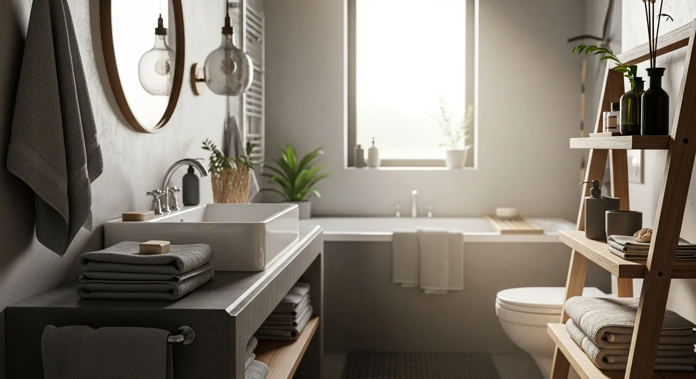 Relaxing gray farmhouse bathroom remodel highlighting classic shiplap walls, rustic wood decor accents, and elegant vintage lighting