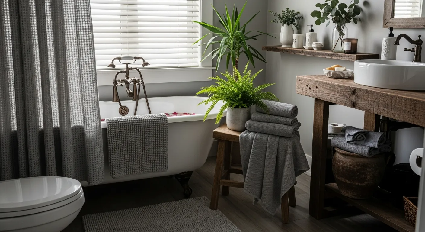 Budget-friendly gray farmhouse bathroom remodel featuring a painted vanity, classic white shiplap walls, and rustic vintage hardware