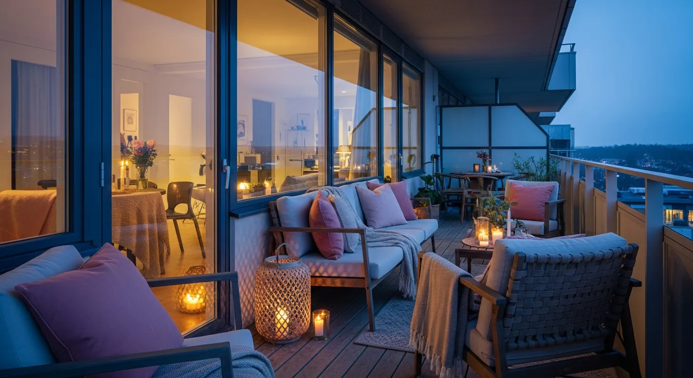 Chic outdoor balcony combining raw industrial metal finishes with soft blush pink decor