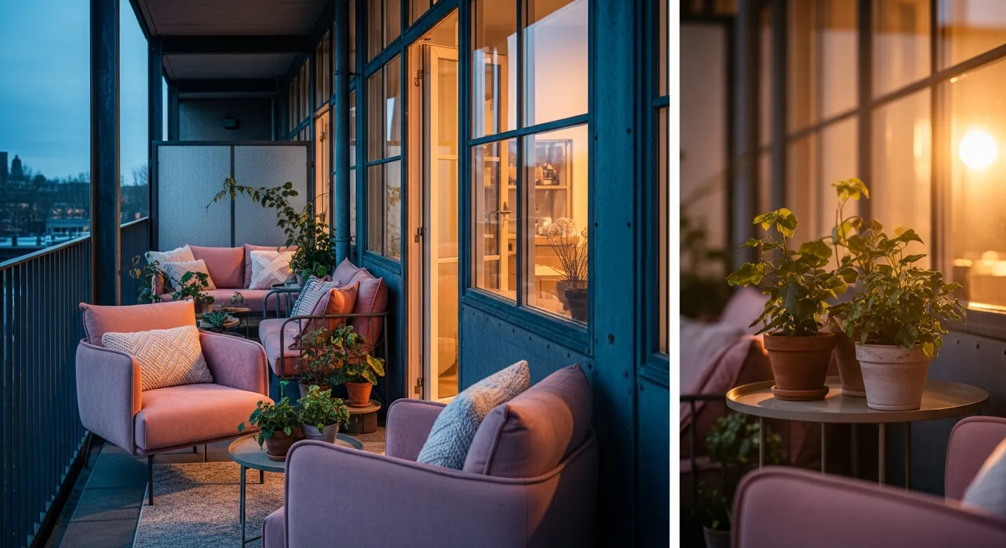 Dreamy industrial balcony oasis featuring matte black metal furniture and blush pink textiles