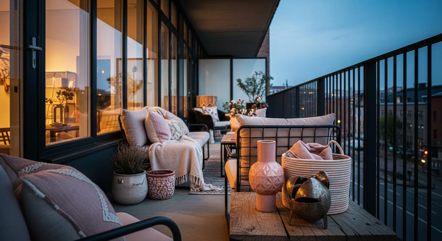 Raw metal elements paired with warm blush pink accents in a modern outdoor balcony setting