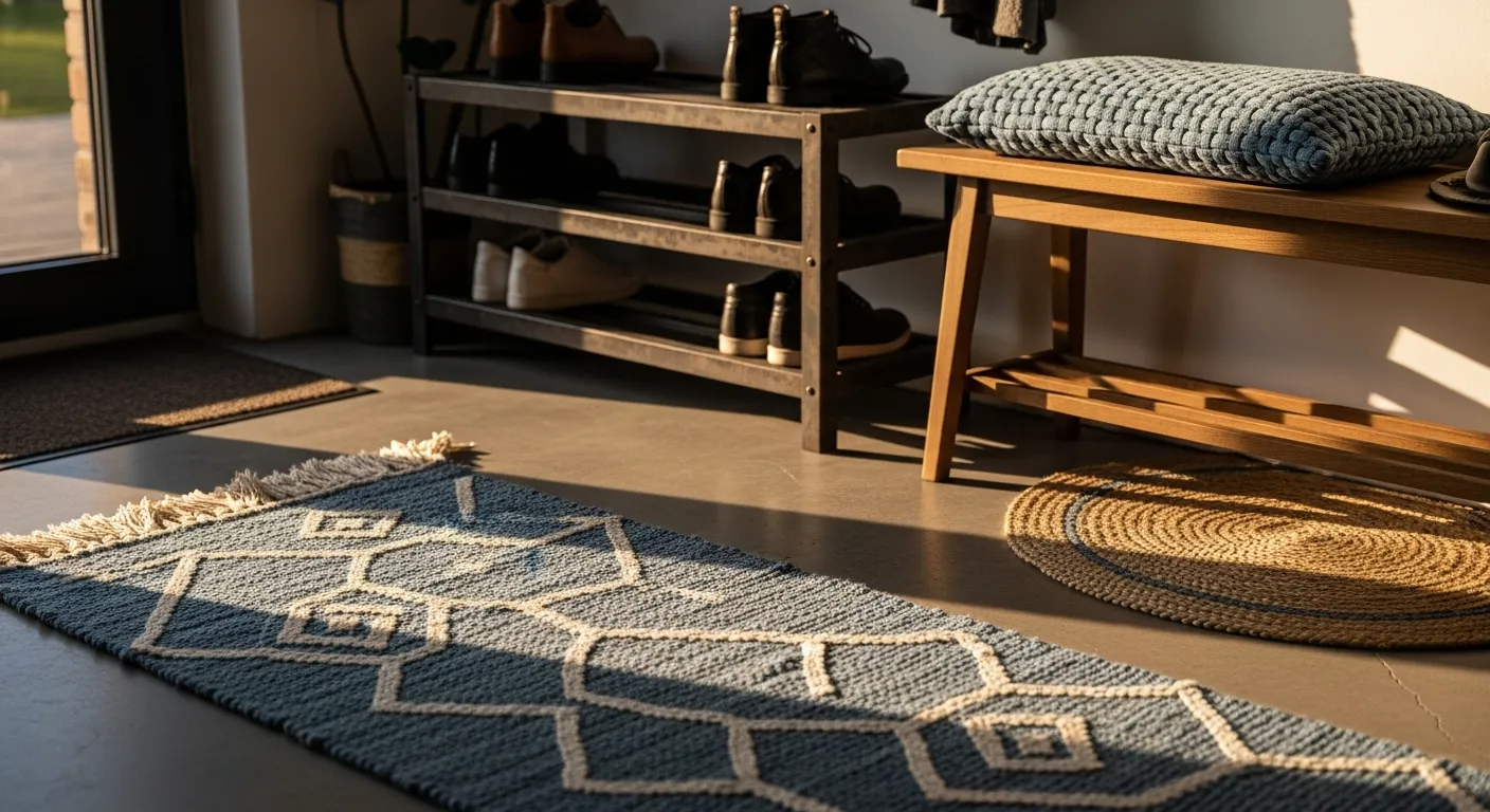Inviting industrial entryway design highlighting the balance of dusty blue walls, metal fixtures, and wood elements