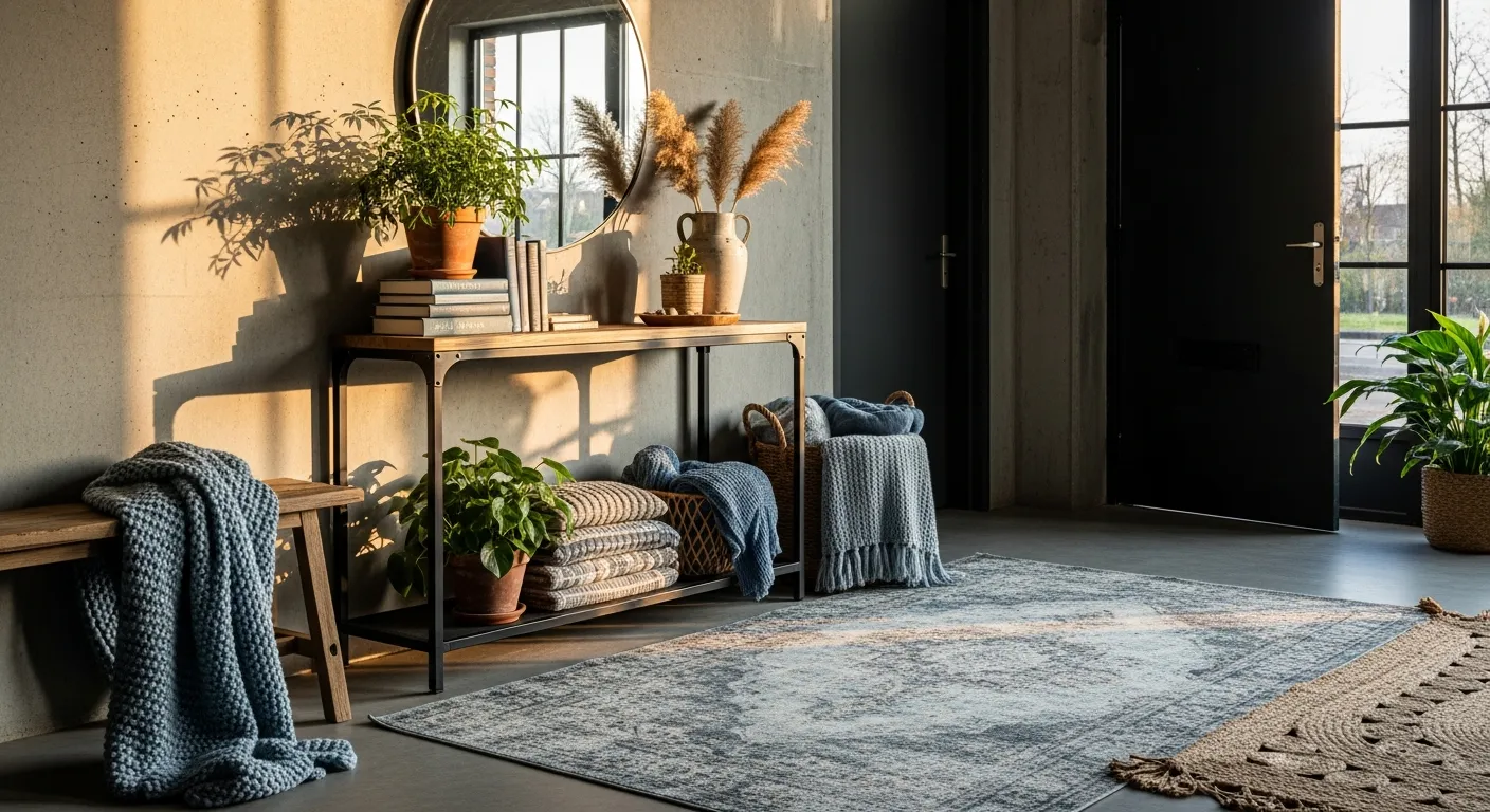 Rustic wood and dark metal console table against a soft dusty blue wall in an industrial foyer