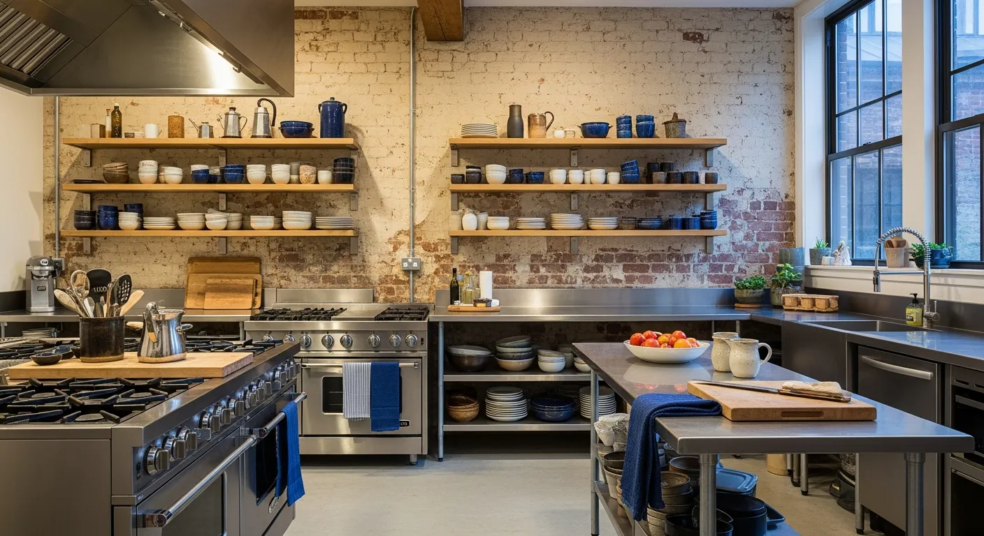 Modern industrial kitchen with deep navy blue cabinets contrasting beautifully with raw metal accents
