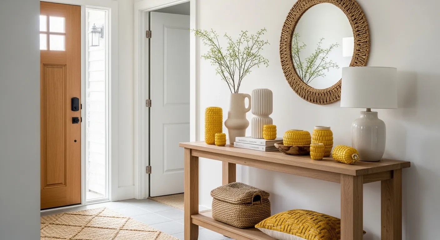 Light wood bench and simple decor complementing butter yellow walls in a Japandi entryway
