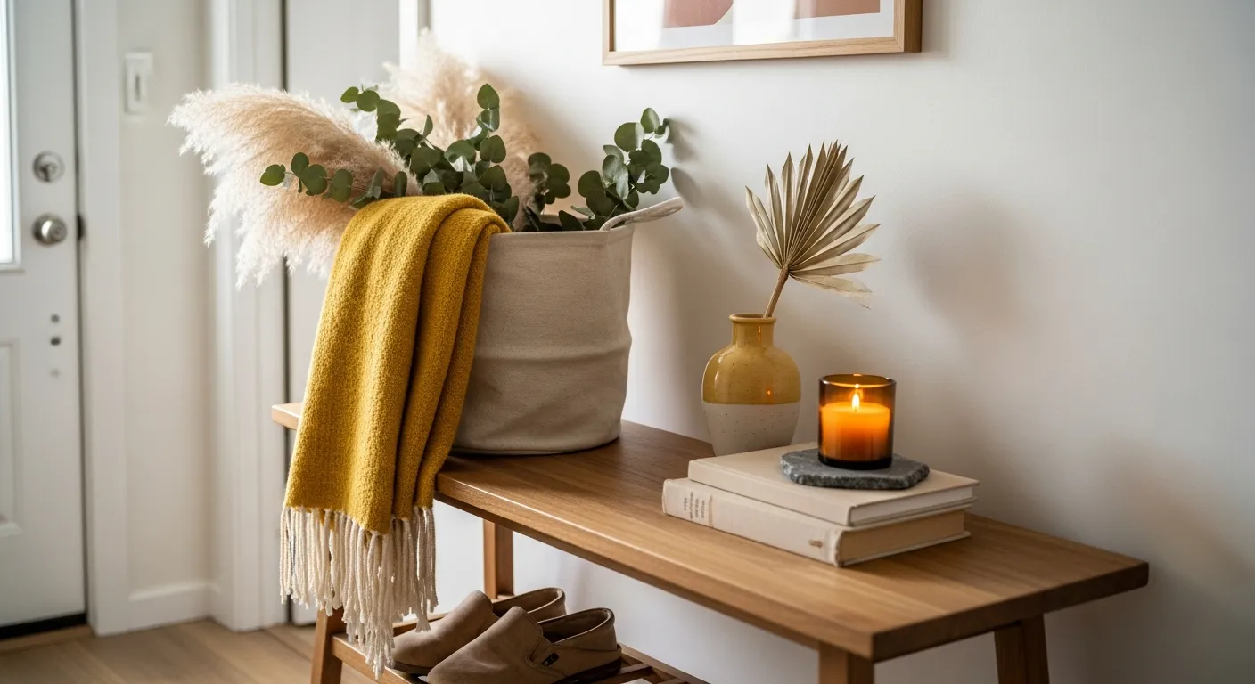 Wooden console table styled against soft butter yellow walls highlighting Japandi principles