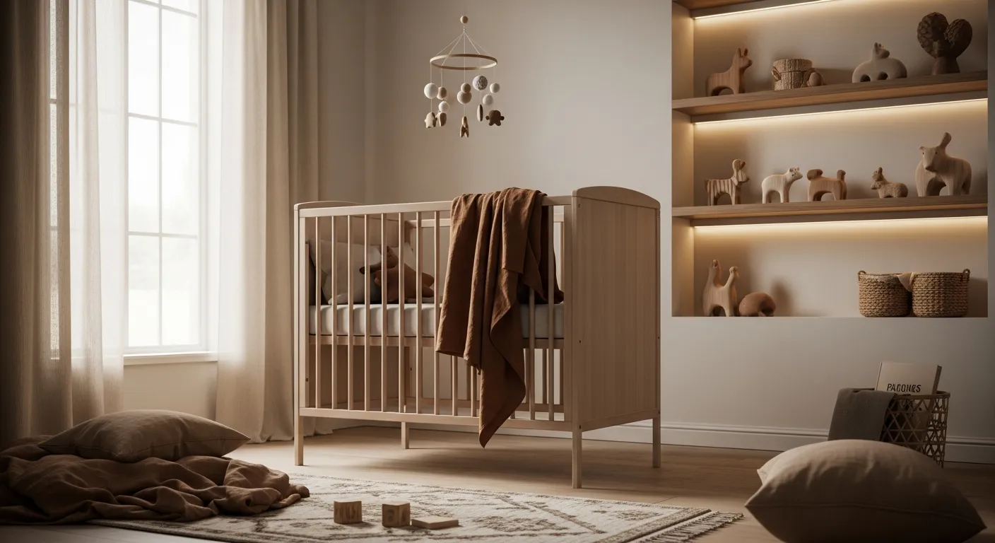 Warm mocha walls creating a comforting Japandi aesthetic in a nursery