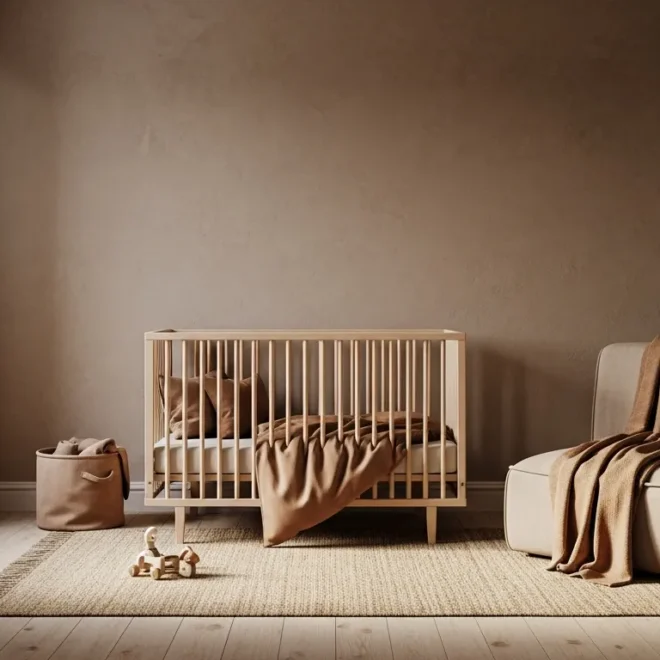 Cozy Japandi style nursery featuring mocha brown accents, natural wood crib, and soft lighting.