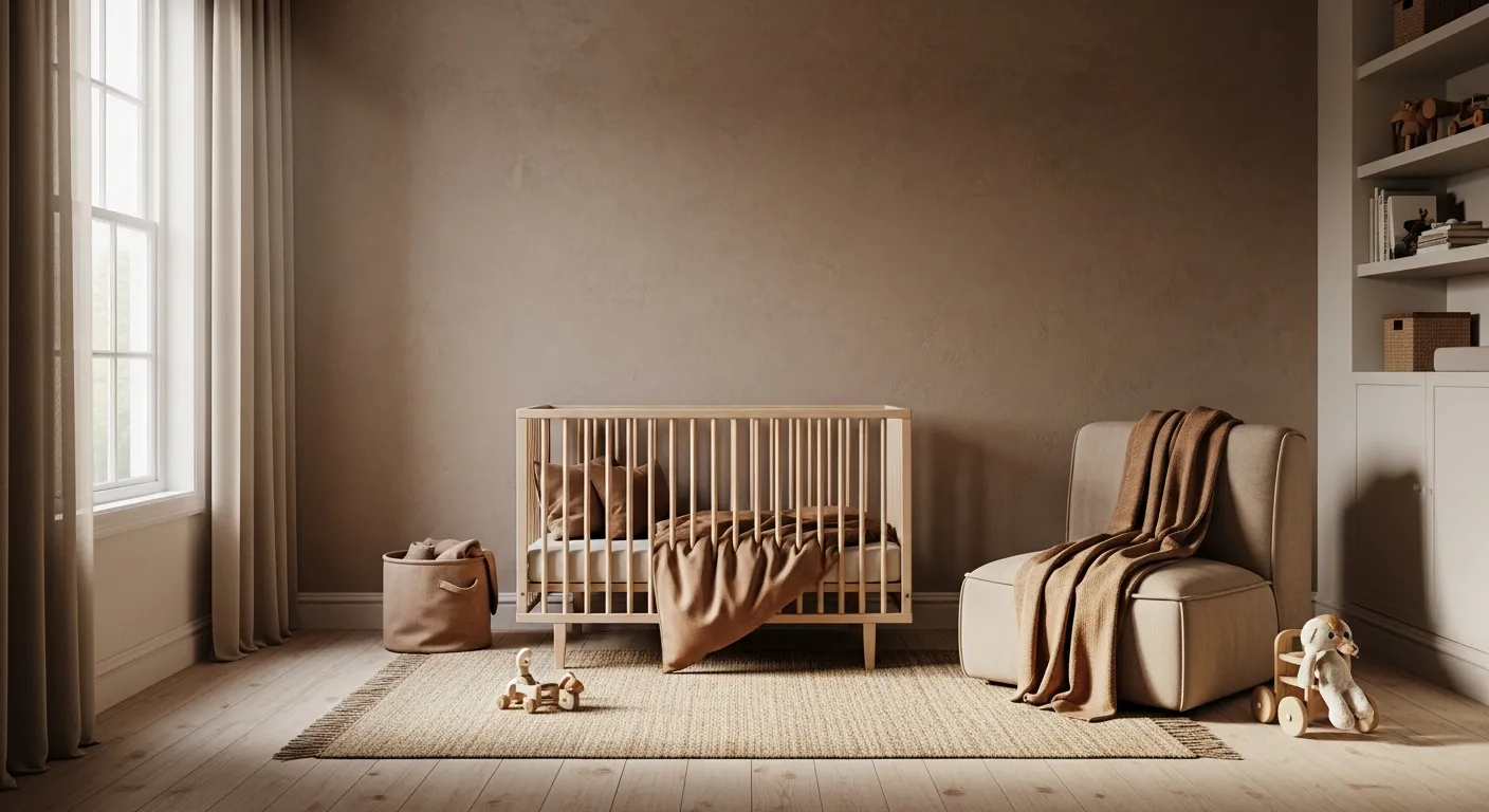 Mocha brown accents and a natural wood crib in a calm Japandi nursery