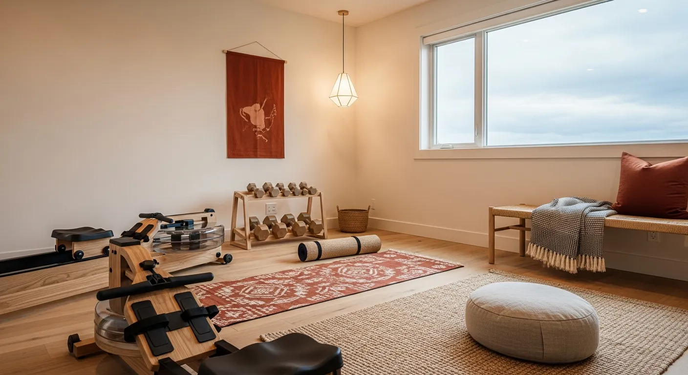 Step by step guide to creating a serene Japandi style home gym with warm rust accents and wooden equipment