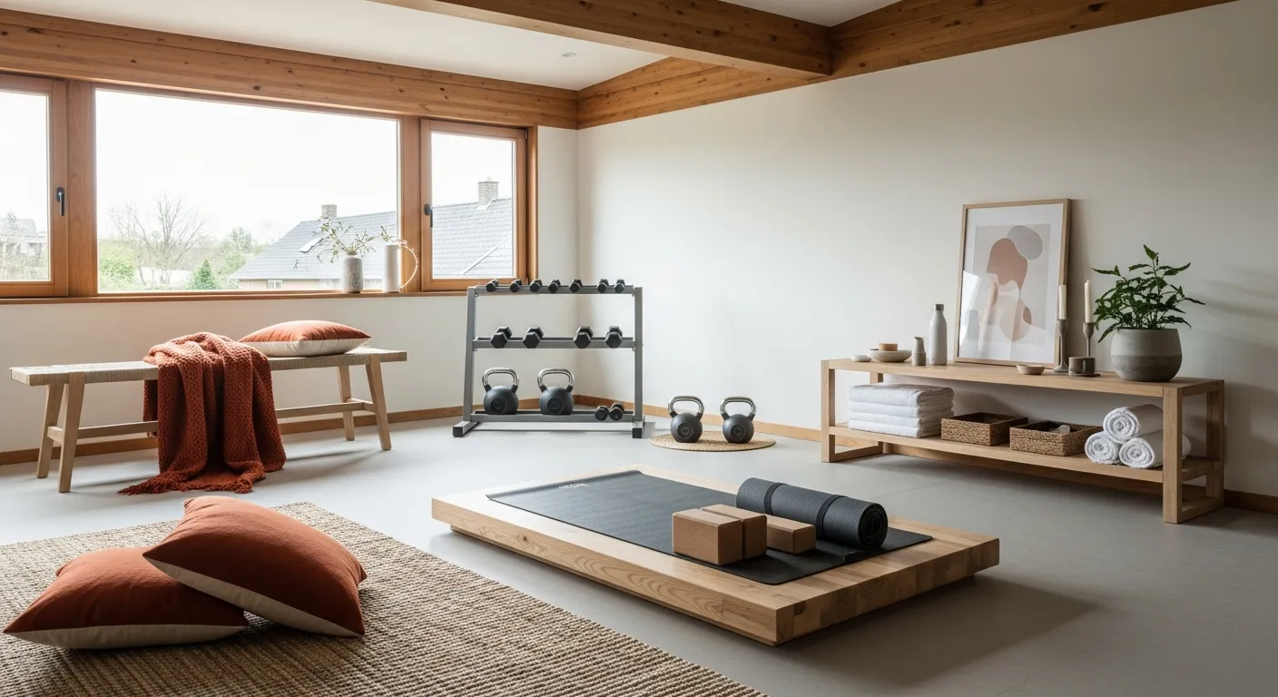 Completed minimalist Japandi home gym design featuring warm earthy elements and clean natural wood finishes