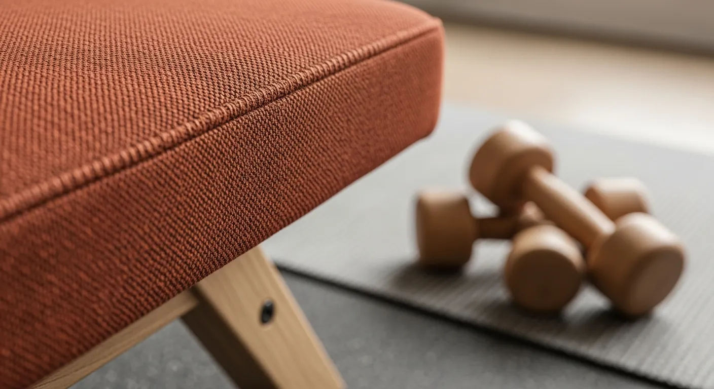 Essential furniture and decor for Japandi home gym ideas showcasing minimalist rust walls and natural wood equipment