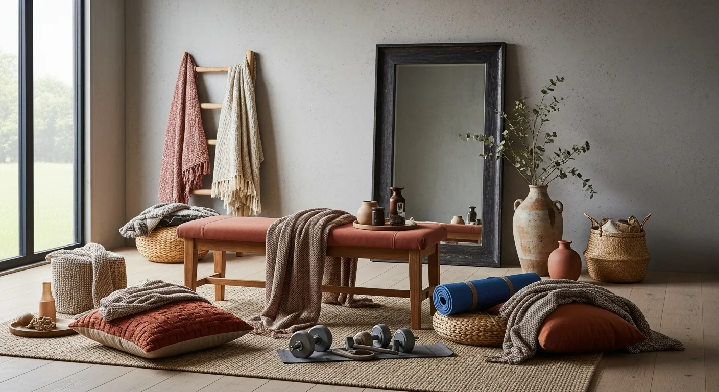 Minimalist color palette combinations for a Japandi home gym featuring warm rust accents and sleek natural wood textures
