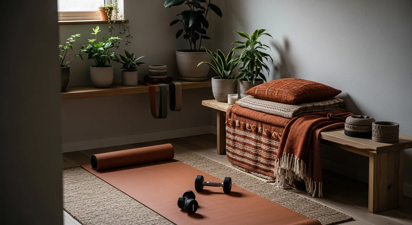 Affordable styling tips and budget Japandi home gym ideas featuring rust colored accents and natural wood