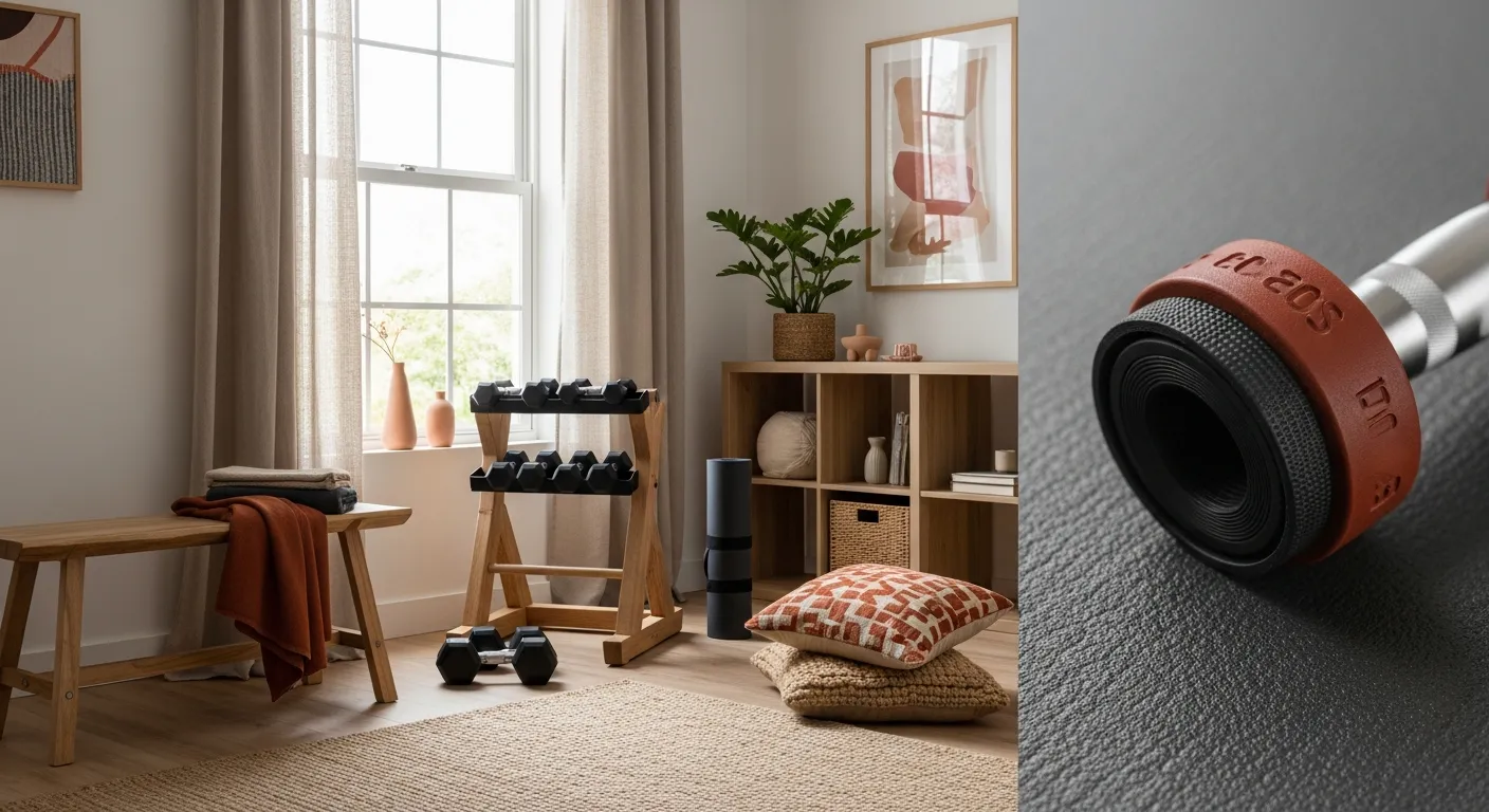Budget friendly decor and light wood paneling in a warm rust Japandi home gym layout