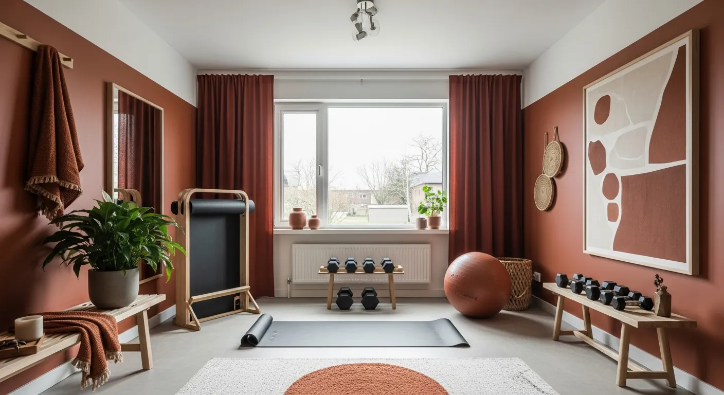 Serene Japandi home gym interior featuring grounded natural wood elements and warm rust workout equipment