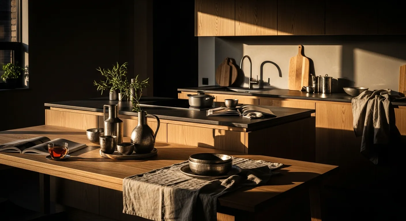 Color palette inspiration featuring brushed silver appliances and warm oak cabinetry in a serene Japandi kitchen.