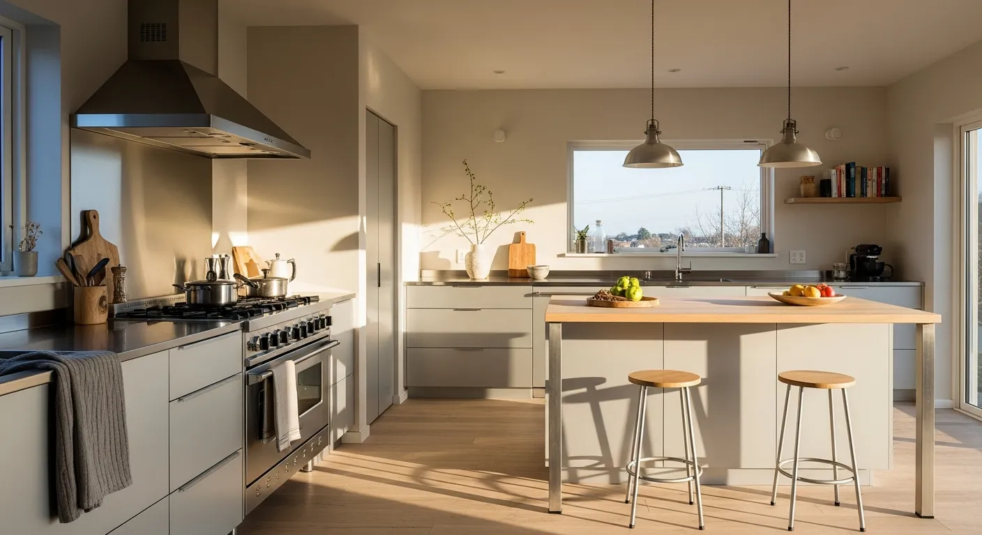 Silver and wood elements showcasing the calming psychology behind modern minimalist Japandi kitchen design.