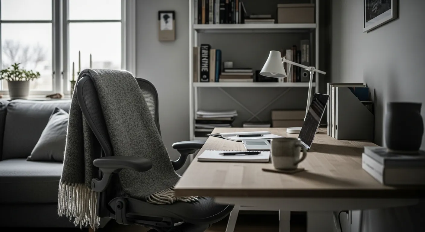 Distraction-free light gray Scandinavian home office featuring a cozy ergonomic setup.