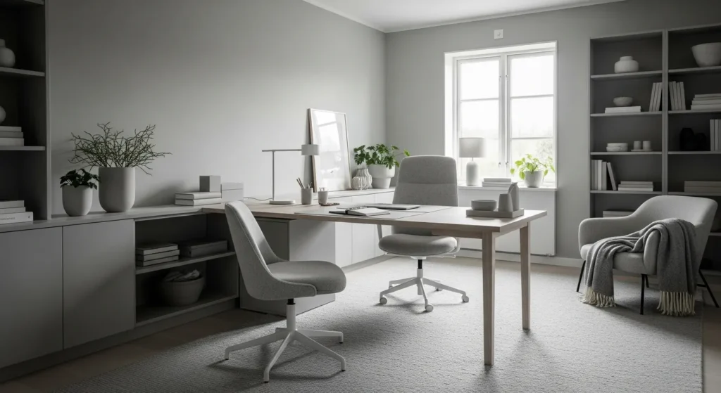 Light gray Scandinavian home office featuring a minimal wood desk and soft natural lighting.