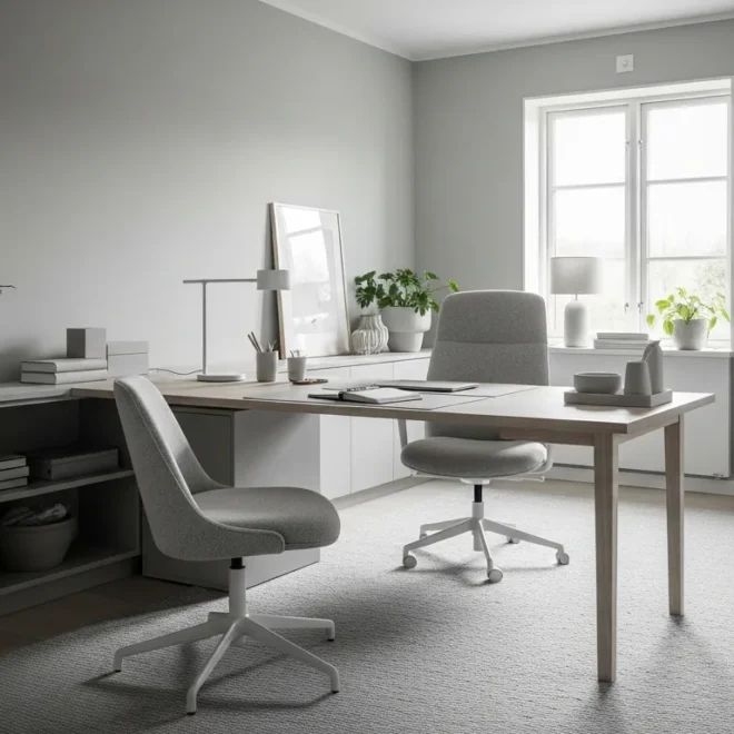 Light gray Scandinavian home office featuring a minimal wood desk and soft natural lighting.