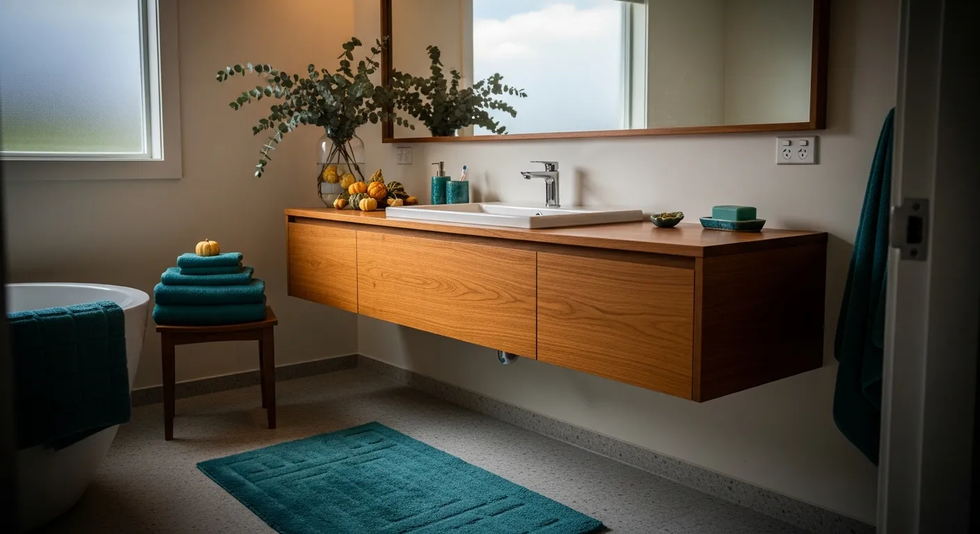 Warm walnut vanity and vibrant teal tiles inspiring beautiful color palettes for a cozy fall retreat