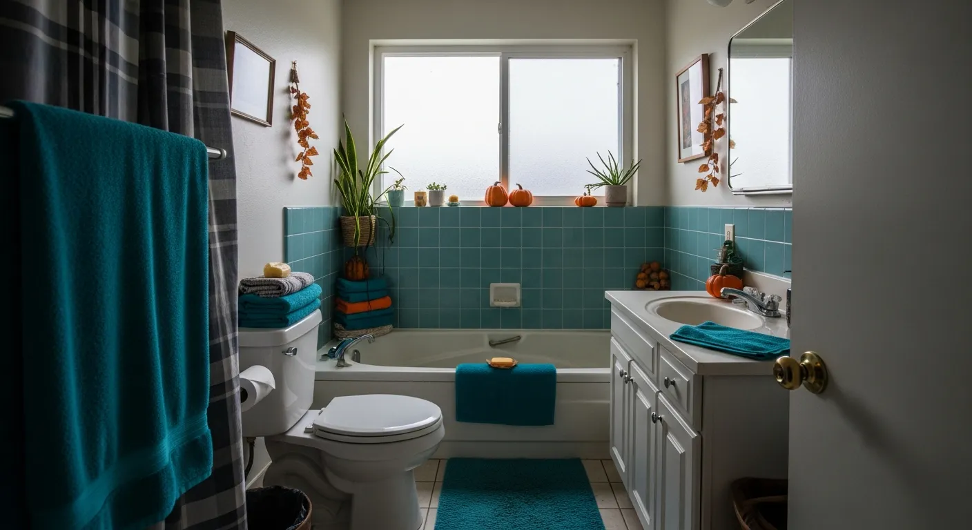 Retro brass hardware and teal accents highlighting beautiful styling for a guest bathroom