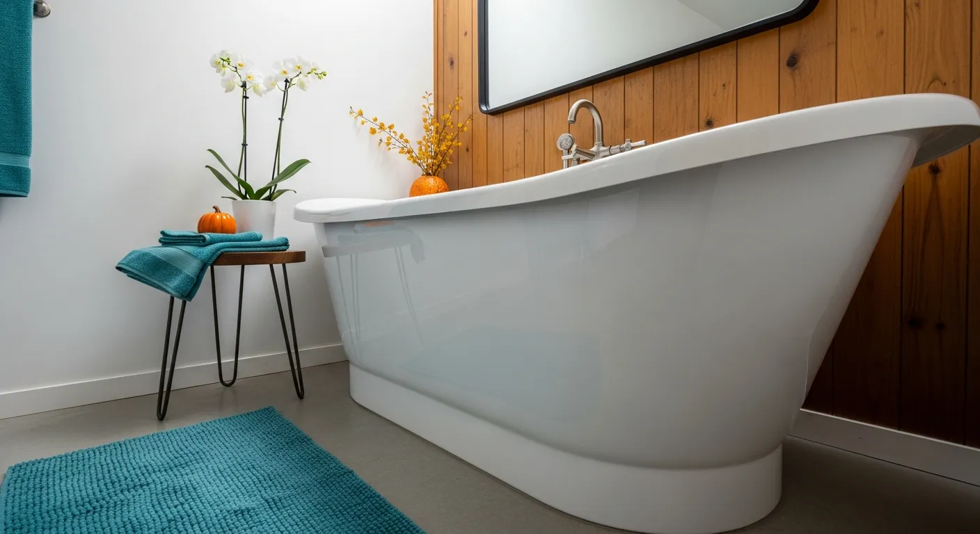 Vibrant teal vanity and warm wood retro accents showcasing stunning mid-century bathroom layouts