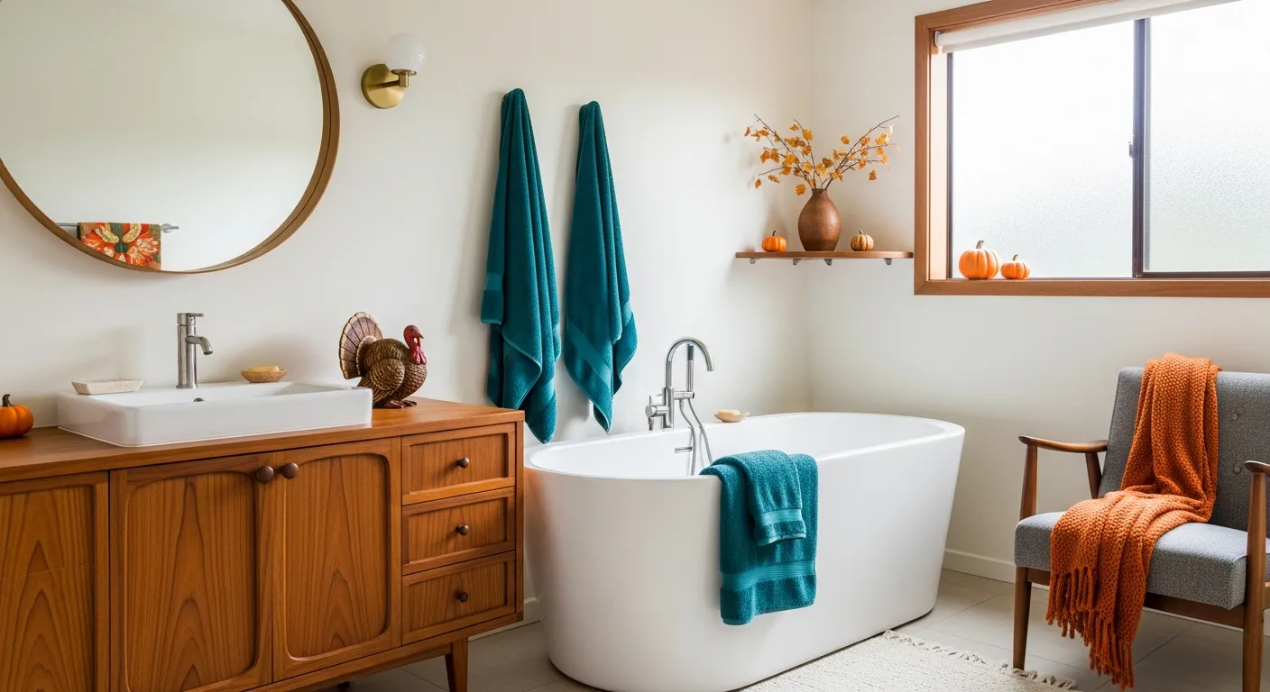 Teal vanity paired with warm wood accents and sleek brass fixtures for holiday-ready interior design