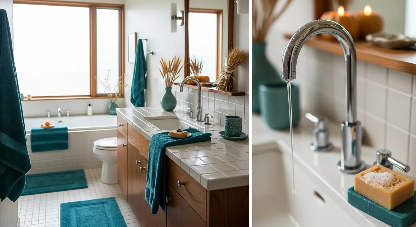 Vibrant teal tiles and brass fixtures completing a gorgeous set of retro bathroom interior elements