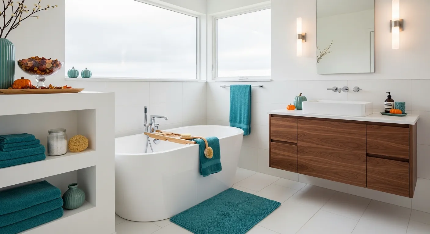 Rich teal tiled statement wall and warm walnut vanity bringing retro bathroom inspiration to life